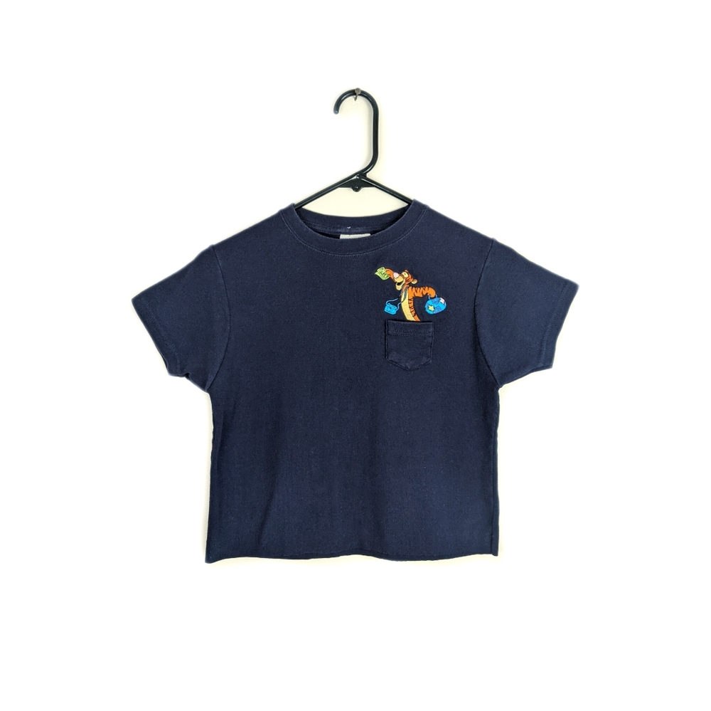 Early 2000s Disney Pooh Navy Blue Embroidered Tigger Cropped Baby Tee